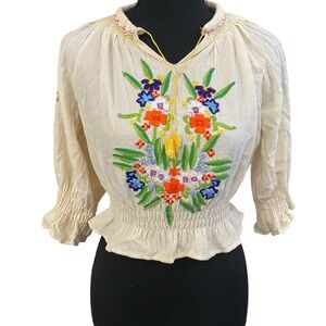 Vintage Peasant Hand Embroidered Floral Cotton Blouse Size S